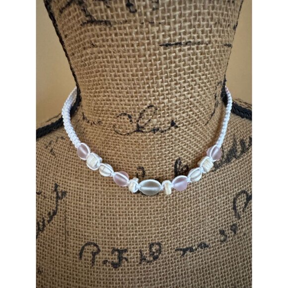 Beaded Necklace Adjustable‎ Length White Light Pink Stones - Picture 1 of 8